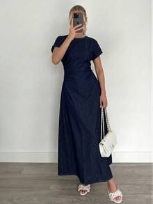 Siren Gaze 女士优雅性感简约纯色收腰高开衩牛仔连衣裙，夏季 - 深色水洗藍 - 查看 4