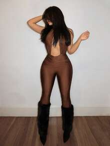 Slaydiva Bộ jumpsuit nữ màu nâu ôm sát, hở lưng, cổ yếm, không tay, kiểu dáng gợi cảm, thích hợp cho các buổi hẹn hò, ngày lễ tình nhân, các buổi hẹn hò, tiệc tùng, tụ họp, kỳ nghỉ, buổi hòa nhạc, câu lạc bộ gợi cảm, hộp đêm, đi chơi hàng ngày, năm mới, tiệc tùng, trang phục ăn sáng muộn, phong cách cô nàng nóng bỏng, kỳ nghỉ. Trang phục dự đám cưới, mùa cưới - B - màu nâu - Xem 11