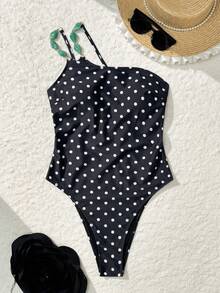 Swim Chiccia Baju Renang Terusan Motif Polkadot dengan Dekorasi Hijau Senada, Tren Musim Panas, Cocok untuk Liburan Pantai - Hitam - View 6