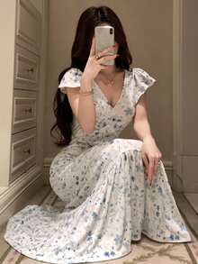 DAZY Ditsy Floral Cinched Waist Long Women's Nightgown - White - View 4