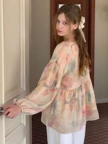 DAZY 青少年女孩V领落肩长袖宽松褶皱休闲衬衫