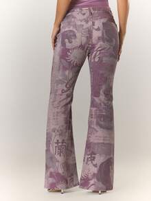 MUSERA 修身不对称低腰印花喇叭牛仔裤，酷女孩风格，外出性感，深红色冬季时尚单品 - 紫色 - 查看 2