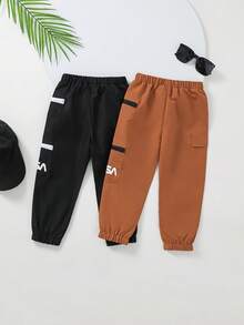 SHEIN 两件套男童休闲舒适字母印花运动裤套装，适合度假、休闲、旅行、放松、日光浴、夏季穿着 - 彩色 - 查看 2
