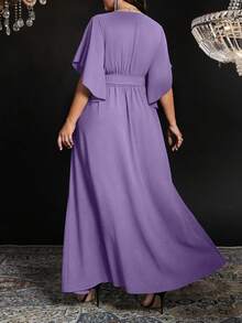 Auvina Vestido elegante de fiesta para mujer de talla grande con cuello en V ajustado, mangas acampanadas, cintura con lazo y abertura, en unicolor - Púrpura malva - Ver 2