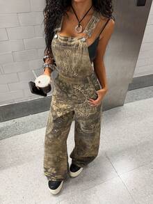 StreetHx Fashionable Casual Street Style Floral Print Denim Jumpsuit - Brown - View 3