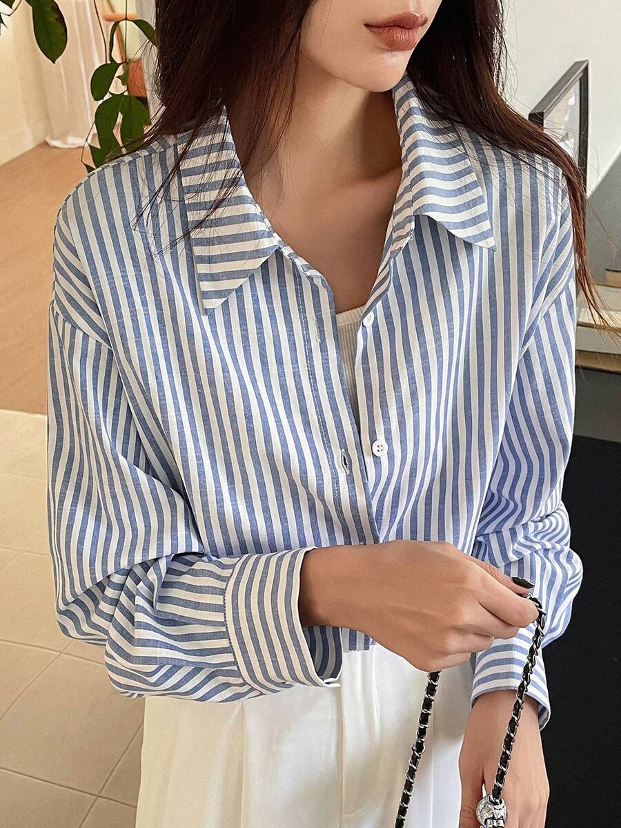 DAZY Blue Striped Casual Design Office/Commute Long Sleeve Shirt For Women, Spring/Summer, Valentine's Day