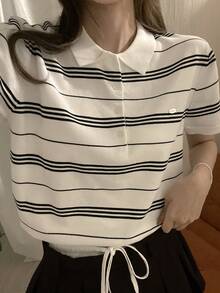 DAZY Women's Collared Fitted Striped Knit Top - White - View 8