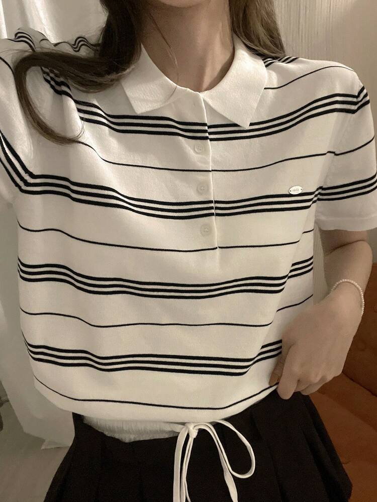 Women's Collared Fitted Striped Knit Top