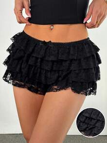 Coolane Quần short siêu ngắn ren đen xếp tầng bèo nhún dành cho nữ cỡ lớn mùa xuân/hè, phong cách punk rock bohemian gợi cảm, lễ hội âm nhạc Y2K, quần short cạp siêu thấp bằng ren mới, quần short ren bèo nhún màu đen. - màu đen - Xem 2