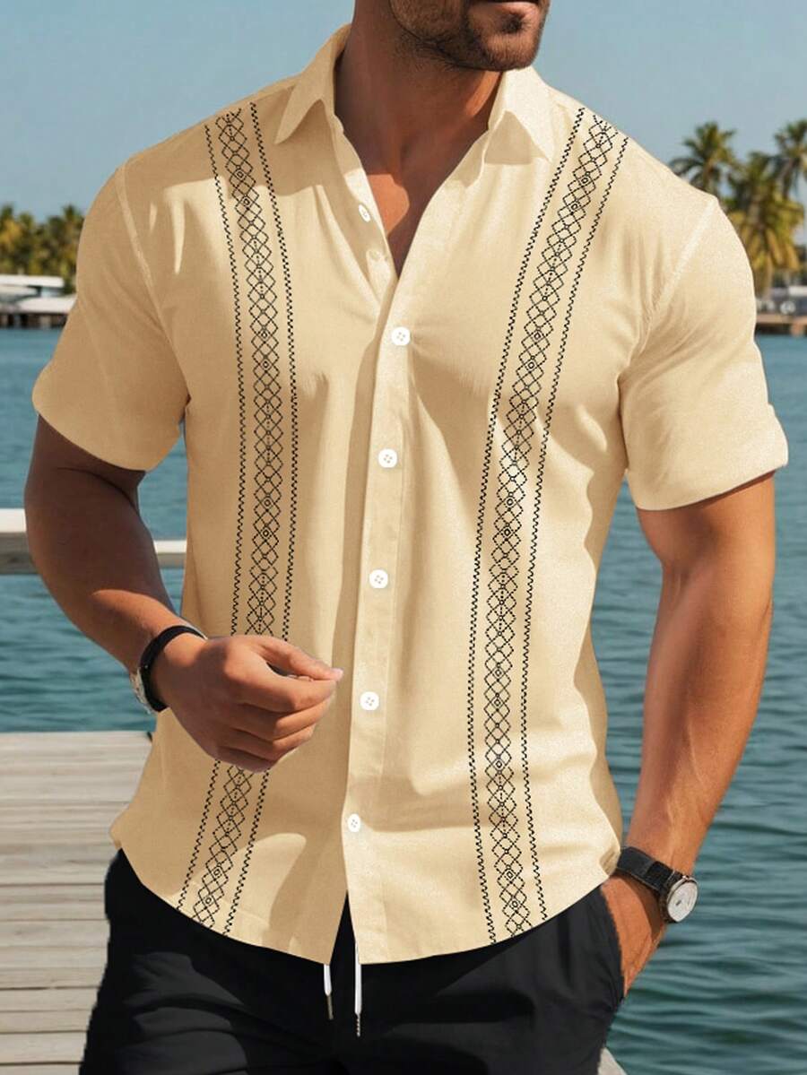Manfinity RSRT Men's Turndown Collar Single-Breasted Geometric Print Casual Versatile Commuting Short Sleeve Shirt Mens Embroidered Shirt Boho Men Shirt Mens Mexican Shirt Cream Shirt Men Mens Summer Shirts - Multicolor - View 1