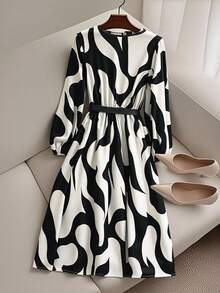 Franclia 女士灯笼袖系带A字印花中长连衣裙，优雅日常通勤之选，法式风格，黑白配色 - 黑與白 - 查看 2