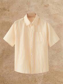 Manfinity VCAY 男士休闲通勤日常条纹前开襟短袖衬衫，夏季款 - 黃色 - 查看 9