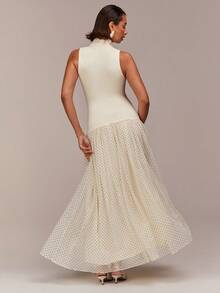 COSMINA 无袖立领设计，针织弹力面料拼接网纱，褶皱设计，优雅长裙，派对礼服，鸡尾酒会礼服，情人节礼服，婚纱，婚礼宾客礼服，夏季女装，浅黄色连衣裙，约会礼服，浪漫连衣裙 - 淡黃色 - 查看 3