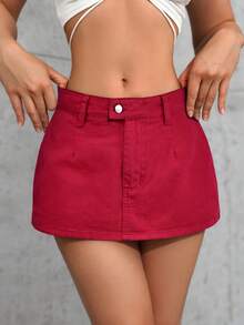 SHEIN Tall Women's Casual Versatile Denim Skorts With Waist Button Design - Red - View 3