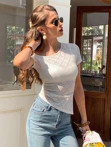 Elyressa Textured Fabric Asymmetric Collar Short Sleeve Asymmetrical Hem French Style Women T-Shirt - Apricot - View 5