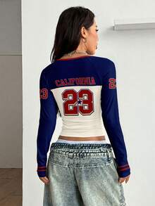 Coolane Casual Street Vintage Style Sporty Red & Blue Contrast Letter & Number 23 Graphic Print Raglan Sleeve T-Shirt For Women, Suitable For Spring/Summer - Multicolor - View 6