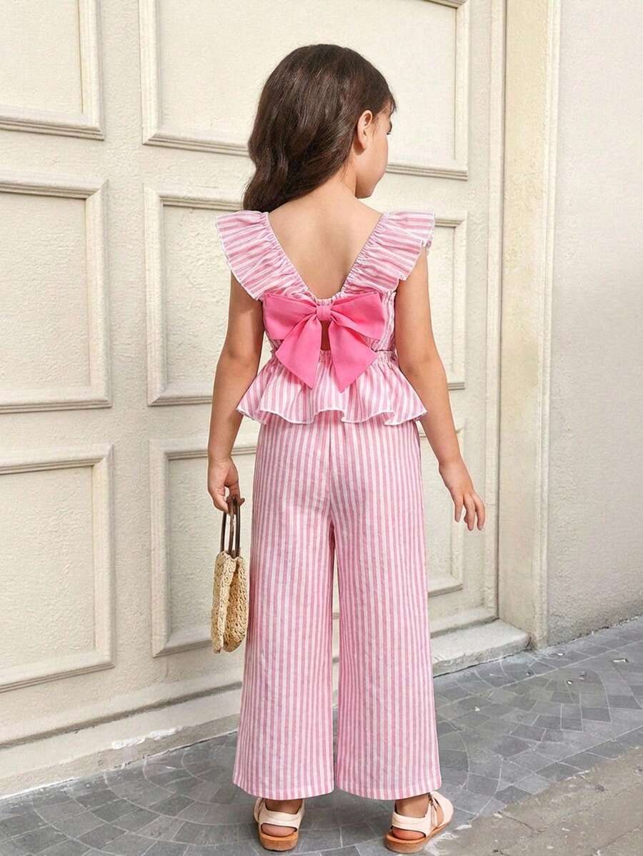 SHEIN 2pcs/Set Young Girl Fashion Cute Pink Striped Collar Ruffle Bow Back Blouse & Loose Woven Wide Leg Pants Set - Pink - View 1