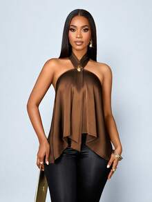 SOLERSUN Women's Sexy And Elegant Halter Top, Glossy Satin Satin Fabric, Brown Irregular Hem, Perfect For Spring/Summer Parties. - Coffee Brown - View 7