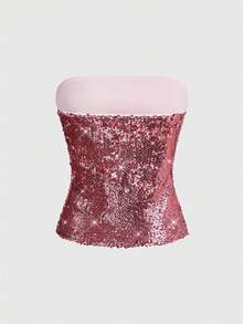 ROMWE Avant Top bandeau con lentejuelas de moda para mujer, verano - Rosa Pálido - Ver 2