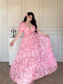 Vibekara Spring, Summer, Elegant, Vacation French Retro Textured Chiffon Floral Print Puff Sleeve V-Neck Waist Cinched Slim Fit Princess Dress, Spring/Summer Women Outfit - Multicolor - View 3