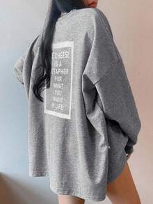 DAZY 女士标语印花圆领长袖T恤，适合春季穿着。“切·格瓦拉是你想要的生活的隐喻”，秋季服装图案T恤 - 灰色 - 查看 3