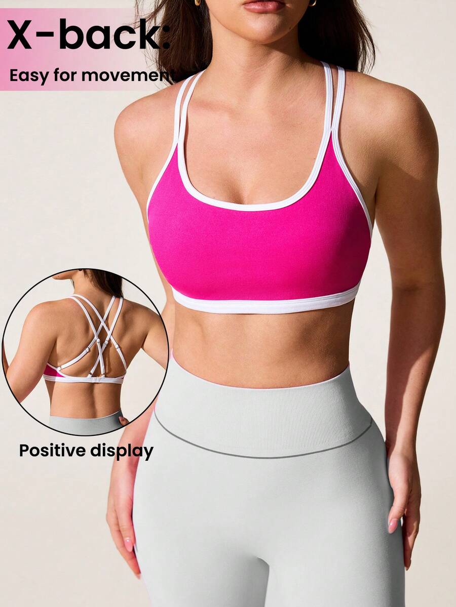 SHEIN Sovereign Charm Seamless Knit Women's Adjustable Strap Removable Contrast Color Sports Bra - Hot Pink - View 1