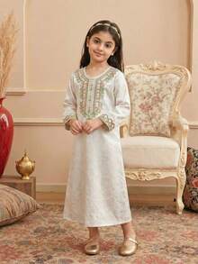 1 pieza Vestido maxi de satén con estampado floral en relieve de manga larga y cuello en V de corte holgado para niñas, estilo princesa elegante para fiestas de cumpleaños, Oriente Medio, adecuado para el verano - Albaricoque - Ver 4