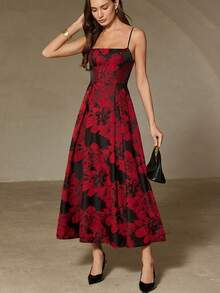 Revavyn 女士优雅提花收腰长吊带连衣裙，适合派对穿着 - 彩色 - 查看 4