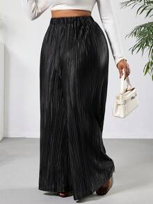 SHEIN PETITE CURVE 新款加大码女式小码休闲亮面针织高腰阔腿裤，高腰设计让您看起来更苗条，腿部更修长，适合娇小身材的女性。适合所有季节和场合，适合娇小身材的女孩和女性，夏季裤装。 - 黑色 - 查看 9