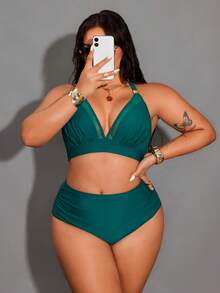 Shapewave Plus Size Women Solid Color Beach Swimwear Set - Army Green - View 5