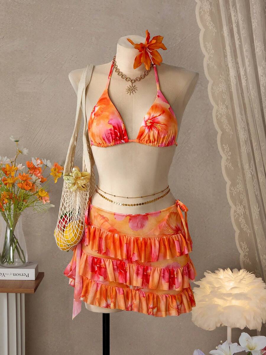 Bellisia Women's 3-Piece Floral Print Sexy Spaghetti Strap V-Neck Halter Bikini Top, Tie Side Triangle Bottoms, And Ruffle Hem Skirt Swimsuit Set, Summer - Multicolor - View 1