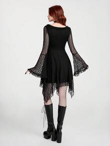 Breakform Đầm ngắn nữ phong cách Gothic thanh lịch, phối ren, màu trơn, chất liệu vải dệt kim, hai lớp, cổ vuông, viền bèo nhún, thắt nơ, tay loe, vạt bất đối xứng. - màu đen - Xem 2