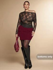 SHEIN BAE 大码女式纯黑色不对称多层开衩迷你裙，工作裙，优雅裙，通勤裙，休闲裙，办公室裙，紧身裙，性感裙 - 紫紅色 - 查看 4