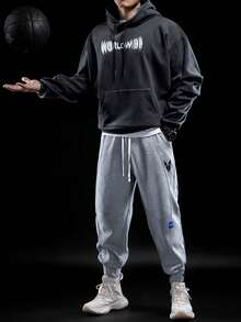 GymBeat Men's Casual Sports Printed Pocketed Drawstring Jogger Pants - Grey - View 3