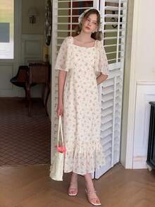 DAZY 少女方领碎花短袖休闲夏季连衣裙 - 杏色 - 查看 7