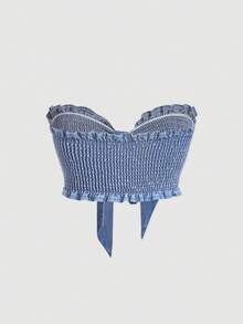 SHEIN MOD Sexy Ultra-Short Tight-Fitting Women's Denim Bandeau Top, Blue - Light Wash - View 2