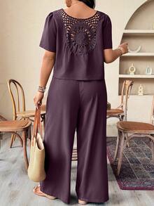 Breezaya Conjunto de 2 peças com top de manga curta com amarração e calça longa em cor sólida, tamanho plus size - Violeta - Visão 7
