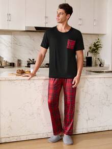 SHEIN 格子印花休闲口袋短袖裤男士睡衣套装 - 彩色 - 查看 2