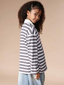 SUMWON Girls Striped Long Sleeve Polo Shirt With NYC Text Print White Collar Button Front Top Casual Vacation - Blue - View 2