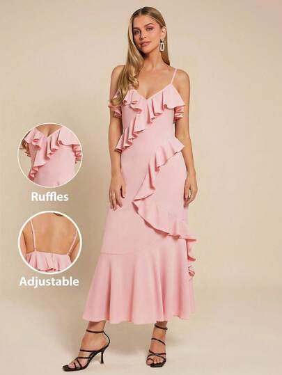 Amorya Women's Sleeveless Dress, Pink Waist Slimming Ruffle Hem Solid Color Backless Elegant Maxi Dress For Casual, Dating, Early Spring Solid Pink, V-Neck Camisole, Ruffled Hem, Fitted Dress, Perfect For Dates, Valentine's Day, Elegant Everyday Wear, Spring/Summer Women's Clothing, Long Dress.