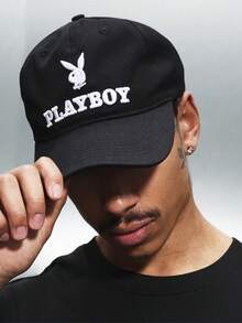 PLAYBOY X SUMWON 男士黑色棒球帽，绣有白色兔子标志，都市街头休闲老爹帽，可调节帽型 - 黑色 - 查看 1