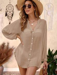 Swim Lushoire كيمونو أكمام طويلة بلون سادة، ملابس عادية للعطلات - كاكي - مشاهدة 8