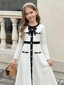 Serisse Kids 少女蝴蝶结装饰撞色长袖连衣裙 - 黑與白 - 查看 4