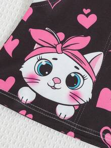 SHEIN Newborn Baby Cartoon Cat & Heart Print Round Neck Short Sleeve Casual Dress - Black and White - View 4