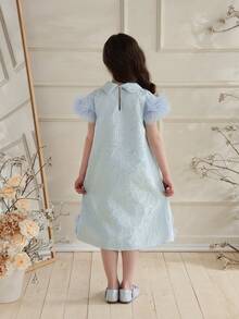 1pc Girls Vintage Elegant Floral Jacquard Dress, Collared, Cap Sleeve, Layered Mesh Skirt, A-Line, Princess Style, Suitable For Summer - Blue - View 2