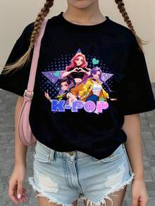 1件可爱酷炫的韩流女孩印花撞色短袖上衣，宽松版型，适合春、夏、秋、冬四季穿着，是送给年轻女孩的绝佳礼物。 - 黑色 - 查看 3