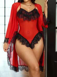 情人节魅惑红色网纱拼接蕾丝睡衣套装 + 火热激情束腰连体裤性感两件套 - 彩色 - 查看 1