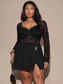 SHEIN BAE 大码女式黑色金属开衩半身裙，适合办公室穿着 - 黑色 - 查看 7