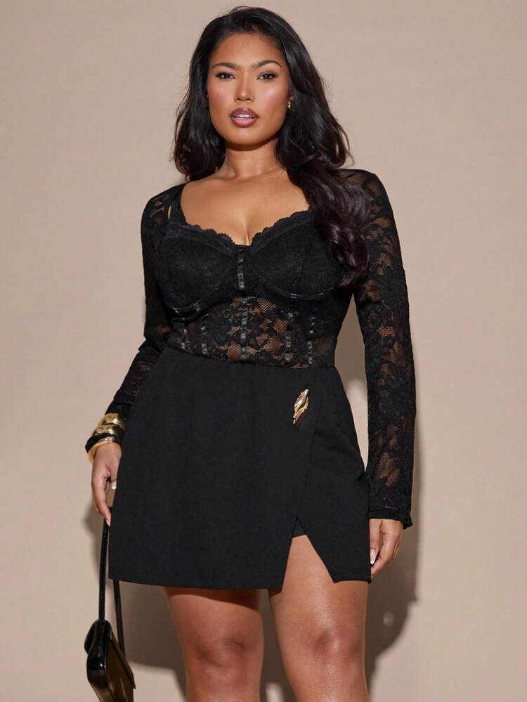 SHEIN BAE 大码女式黑色金属开衩半身裙，适合办公室穿着 - 黑色 - 查看 7