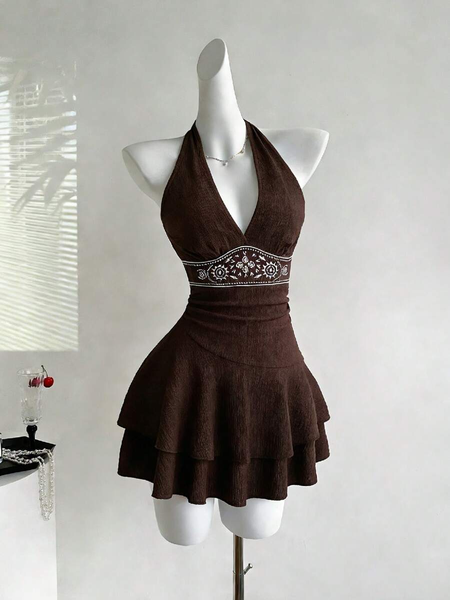 SHEIN Sweetro Đầm chữ A ngắn màu nâu thêu hoa, cổ buộc dây, viền bèo nhún, thích hợp cho các bữa tiệc Giáng sinh, Năm mới, Lễ Tạ ơn, mùa xuân, hè, thu, đông. - màu nâu - Xem 1